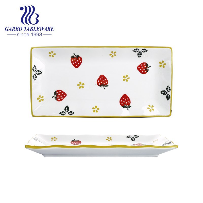 Wholesale cheap multifunctional strawberry painting sushi dessert dishes 13.5inch rectangle porcelain plate tableware