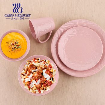 Factory cheap fine dinnerware sets pink color embossed 20pcs ceramic tableware set