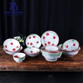 Multifunctional ceramic tableware fancy under glazed strawberry decal fine porcelain dinnerware sets