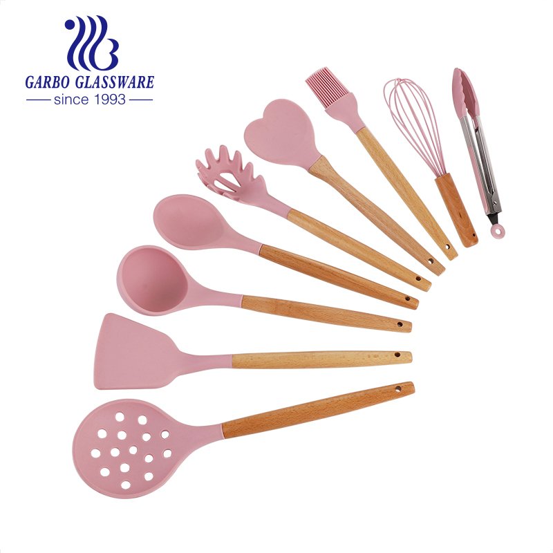 Heart Shape Silicone Turner Spatula Set Non-Stick Rubber Slotted Serving Turner Solid Spatula Spoonula with bamboo handle