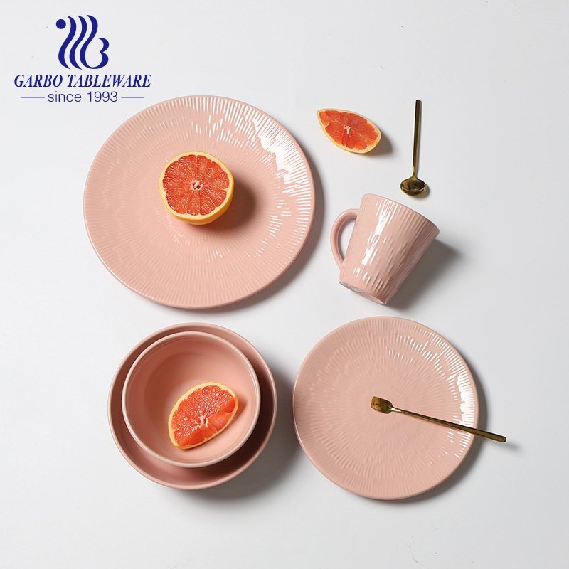 700ml pink color-glazed noodle bowl with embossed for wholesale