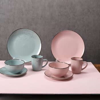 16pcs Pink and blue color glazed stoneware plate bowl mug dinner set