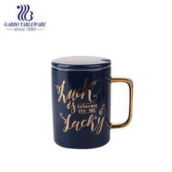 Dark blue gold decal print imprint porcelain water drinking mug ceramic mugs  office tea cups with golden handle and cover