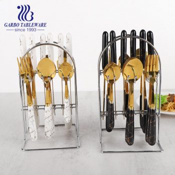 24pcs Luxury ceramic marble handle design 410 stainless steel cutlery dinner spoon in gold