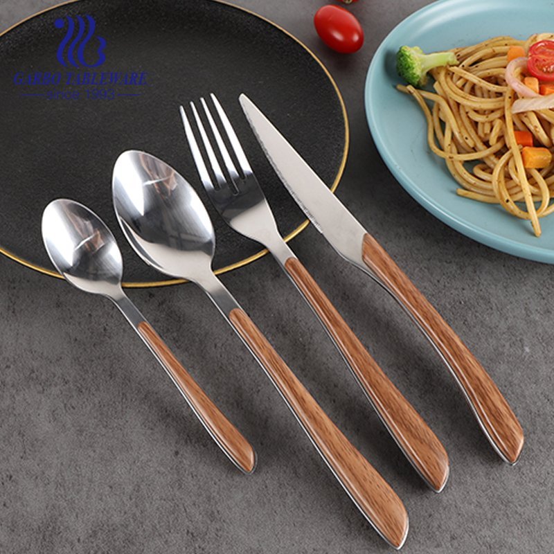 430 Stainless steel 24 pieces flatware set wooden ABS handle hand polished cutlery set