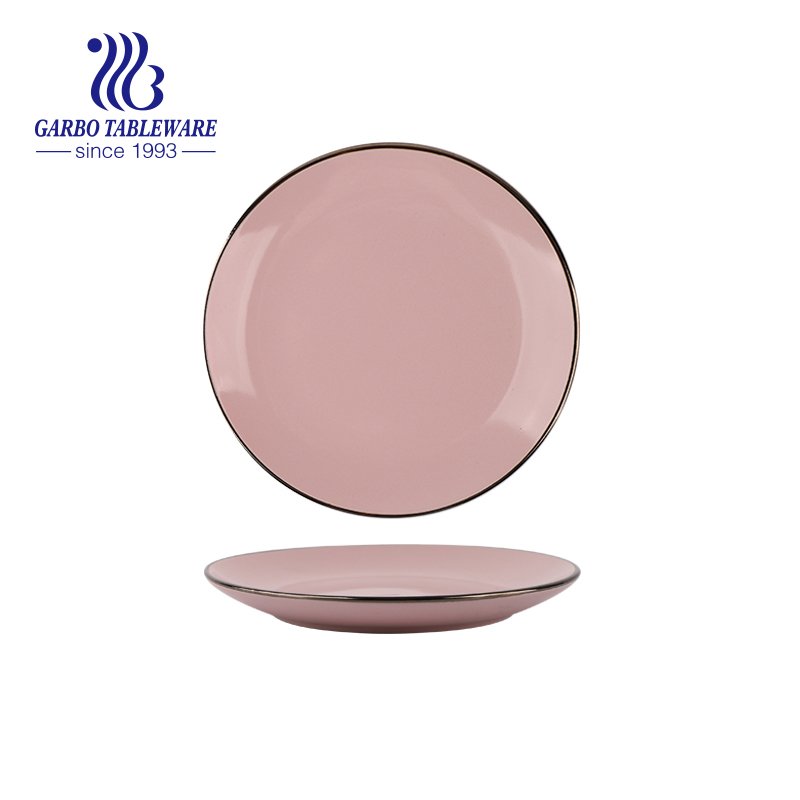 Wholesale ceramic tableware dish royal red color 8.4inch ceramic dessert plate with gold rim