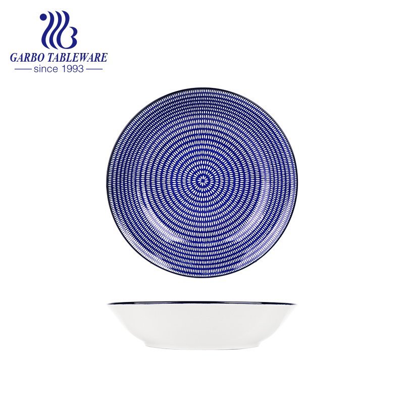 Factory custom unique printing plate round 8inch ceramic flat salad dish