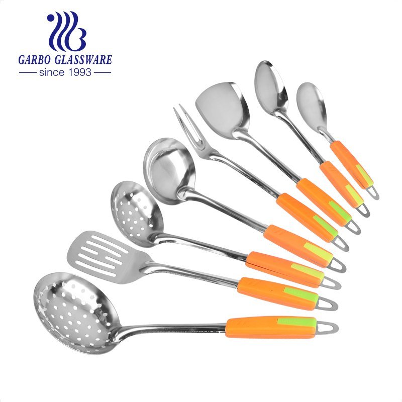 Stock Promotion Price Heat resistant Stainless Steel Kitchen Utensils Set PP lid Non-Slip Ergonomic Handle Skimmer