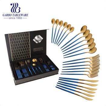 Blue Cutlery Set 24 Pieces Titanium Gold Flatware Set Gift Box 13/0 Stainless Steel Tableware Utensils