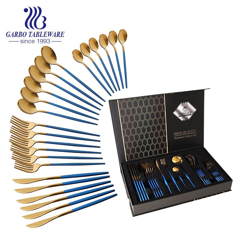 Blue Cutlery Set 24 Pieces Titanium Gold Flatware Set Gift Box 13/0 Stainless Steel Tableware Utensils