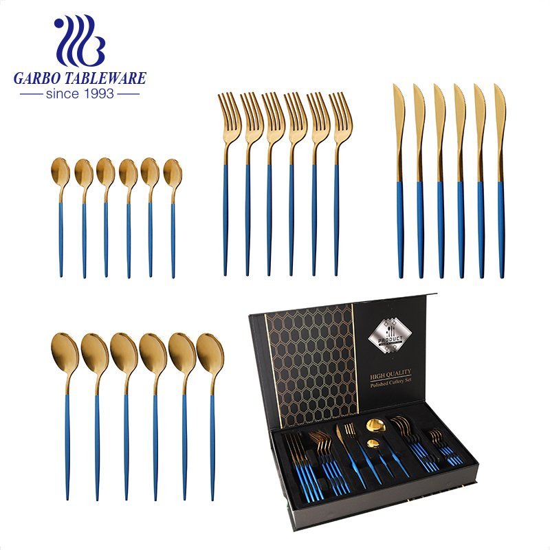 Blue Cutlery Set 24 Pieces Titanium Gold Flatware Set Gift Box 13/0 Stainless Steel Tableware Utensils