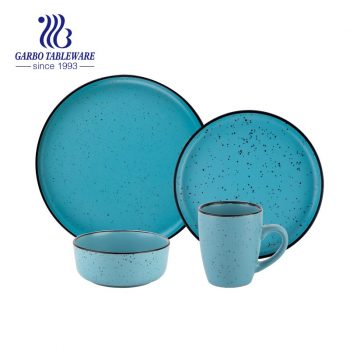 16pcs sky blue color glazed stoneware dinner plate dessert plate rice bowl mug set with black rim