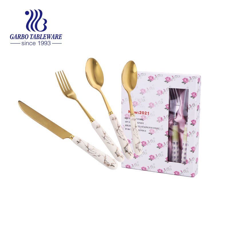 Pink lady series cutlery set household 24 pieces gold flatware set pink ceramic handle creative marble design dinnerware set