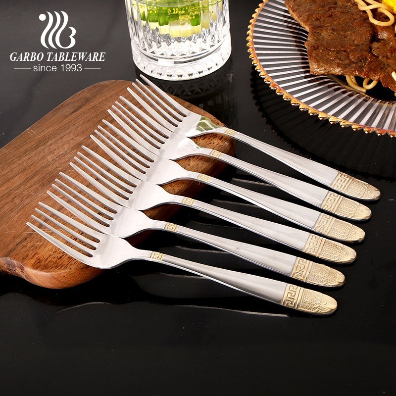 High-end Silver Stainless Steel Fork with Engraved Pattern And Golden Decoration Handle