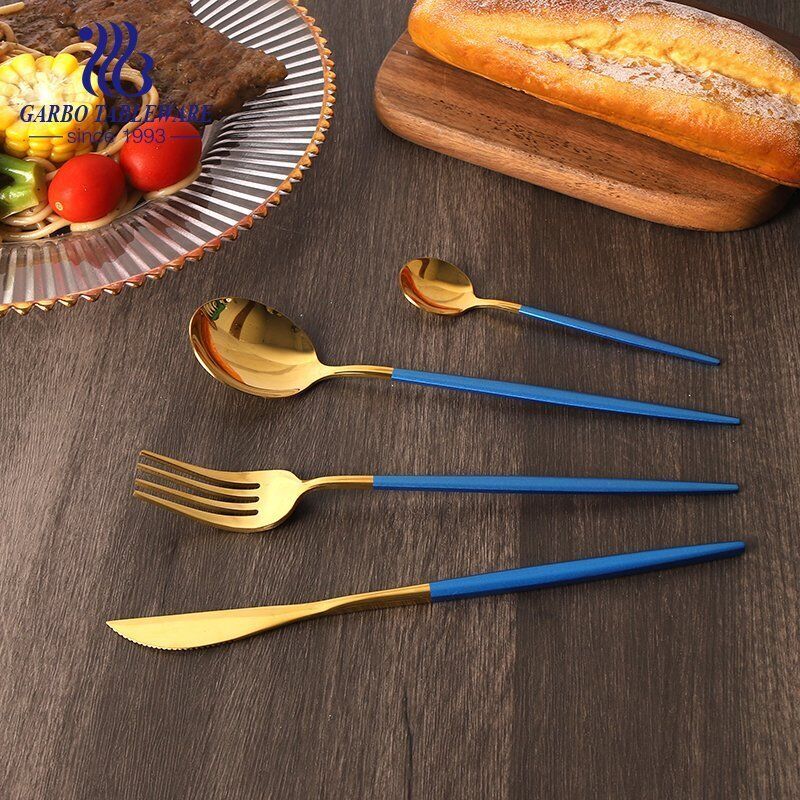 Gold dinner knife matte gold plating stainless steel table knife with blue handle