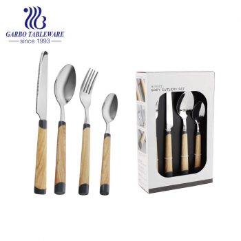 430 Premium stainless steel 24 pcs wood grain plastic handle flatware set mirror polished cutlery set service 6