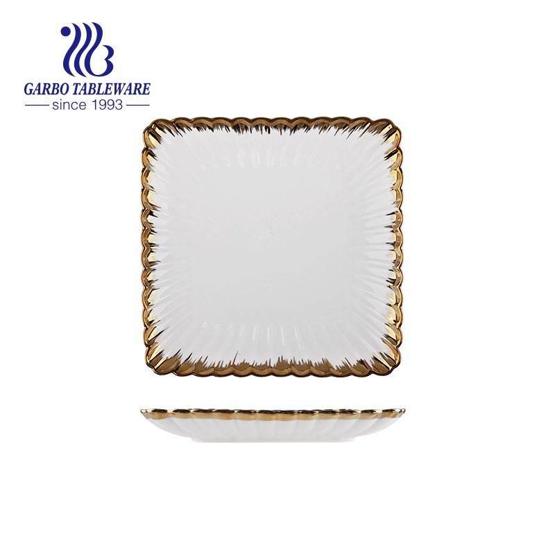 Factory custom golden plated round dish 8inch luxury ceramic dinner plate with gold edge