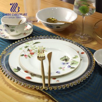 Double side print custom gold rim ceramic dinnerware plate set porcelain bowl and mug with saucer dinner sets tableware