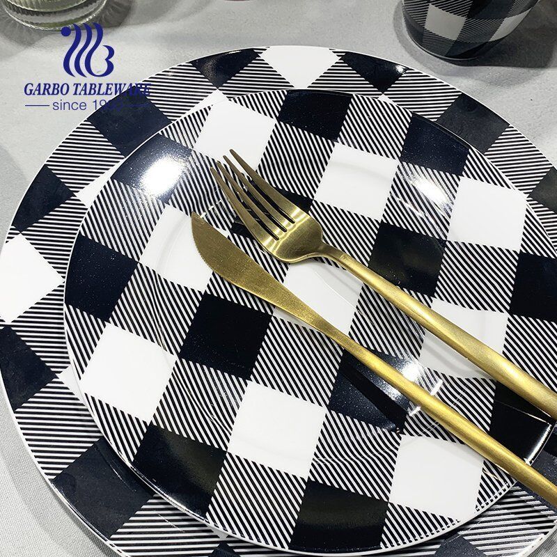 Tartan design food grade 16pcs black and white porcelain dinner set