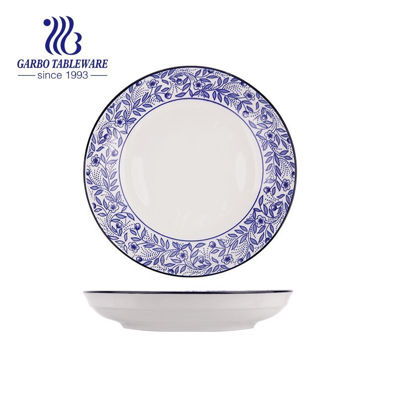 Factory customized under glazed blue design food grade 8inch porcelain dessert plate