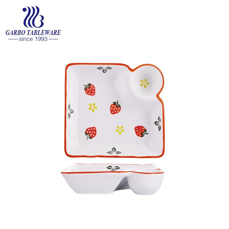 Beautiful square shape unique strawberry 7.5inch porcelain deep dessert dish for afternoon tea