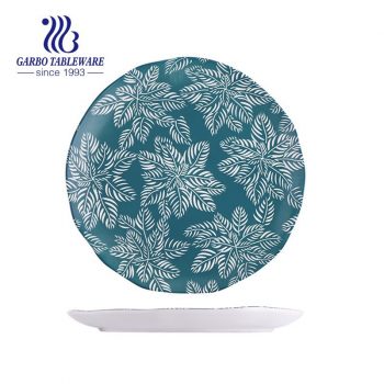 Factory custom leaf design green color large 10.5inch flat porcelain serving plate