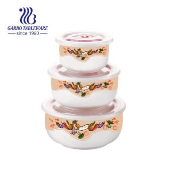 Vegetable design 3pcs ceramic bowl set with PP lid