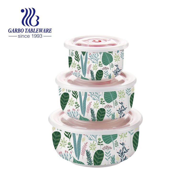 Full print color porcelain food container set portable ceramic bowls casserole with plastic lid 3pcs lunch box sets