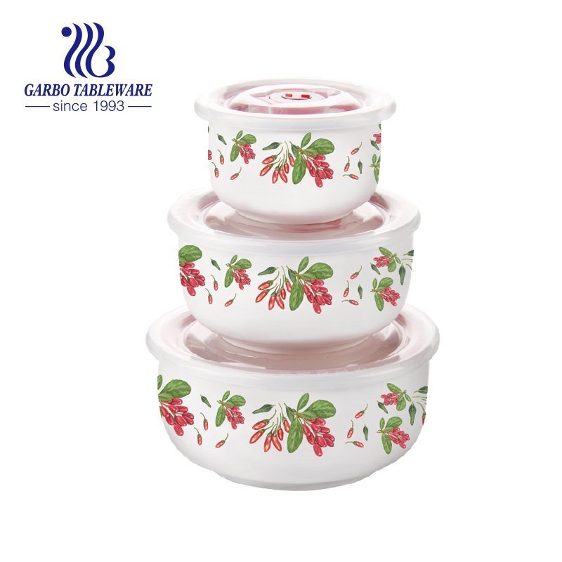 Wholesale 3pcs ceramic bowl set with vegetable decal and plastic lid