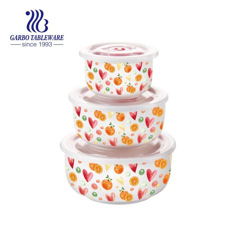 Wholesale 3pcs ceramic bowl set with vegetable decal and plastic lid