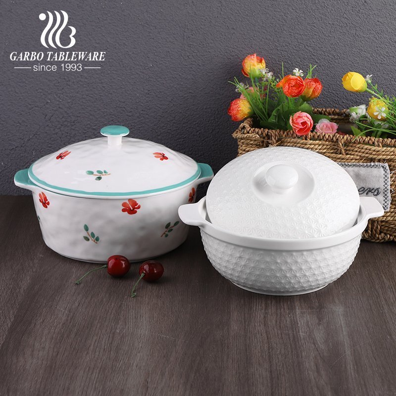 Ceramic tempered casserole dinner bowl with glass lid porcelain cooking pot set