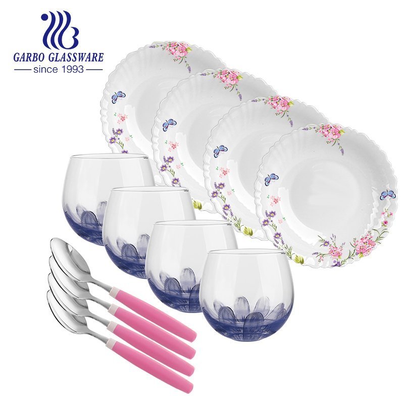 Wholesale factory cheap 12pcs plain simplified glass dinner set with soup spoon