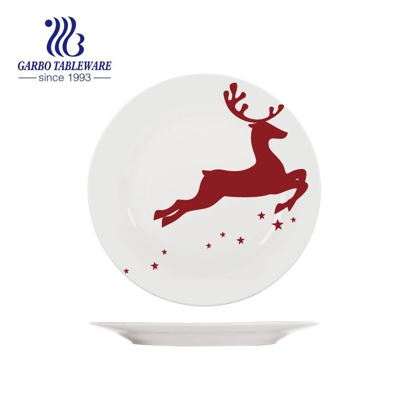 Decorative custom Christmas deer design gift 7.5inch flat ceramic dessert dish