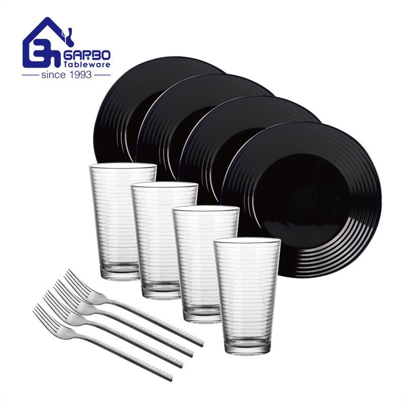 Promotion ribbed glass dinner set with spoon 12pcs home tableware