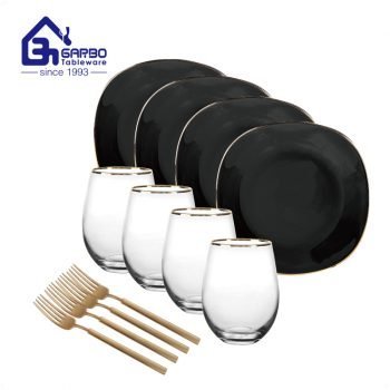 Garbo luxury golden 12pcs dinner fork with glass plate tumbler tableware dinner set for home household