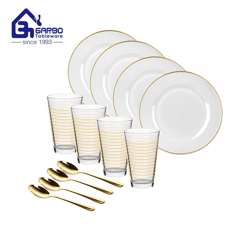 Promotion hammer pattern opal glass dinner bowl and glasses fork set 12pcs for home tableware