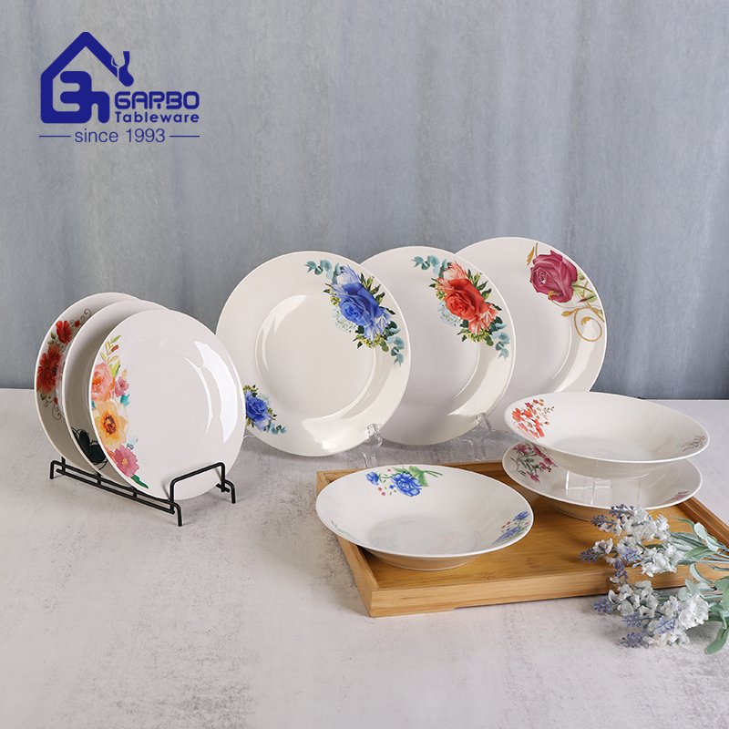 Stock clear custom print ceramic flat and soup plate set stoneware dish dinnerware