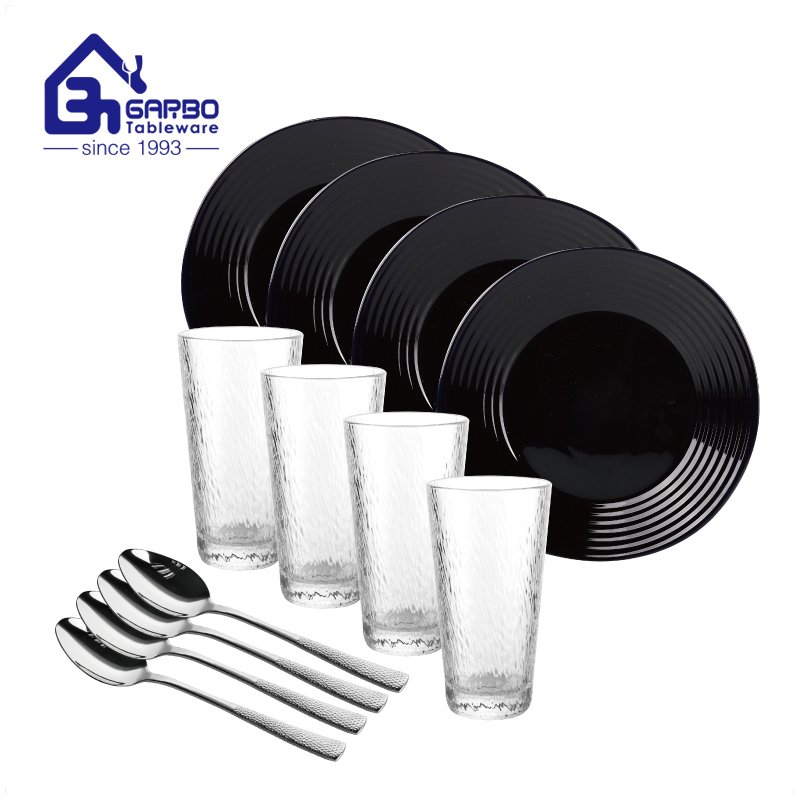 Fancy 12pcs black opal glass Kitchen dinner plate tumbler spoon set with customize decal