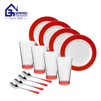 Tempered red colored tempered glass dinner set 12pcs opal glass plate tumbler spoon