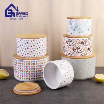 Full decal print ceramic cookies storage jar and food porcelain jars set with bamboo cover