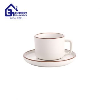 White with color rim ceramic coffee and tea mug set with saucer plate 220ml stoneware mugs sets