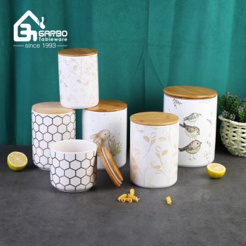 1200ml Ceramic Storage Jar with Bamboo Lid and Golden decal