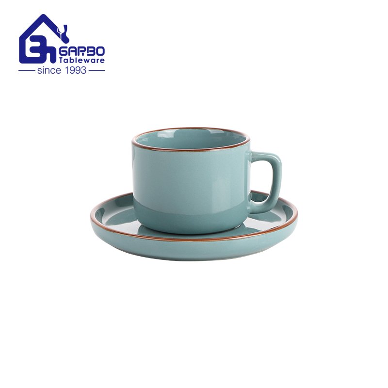 White with color rim ceramic coffee and tea mug set with saucer plate 220ml stoneware mugs sets