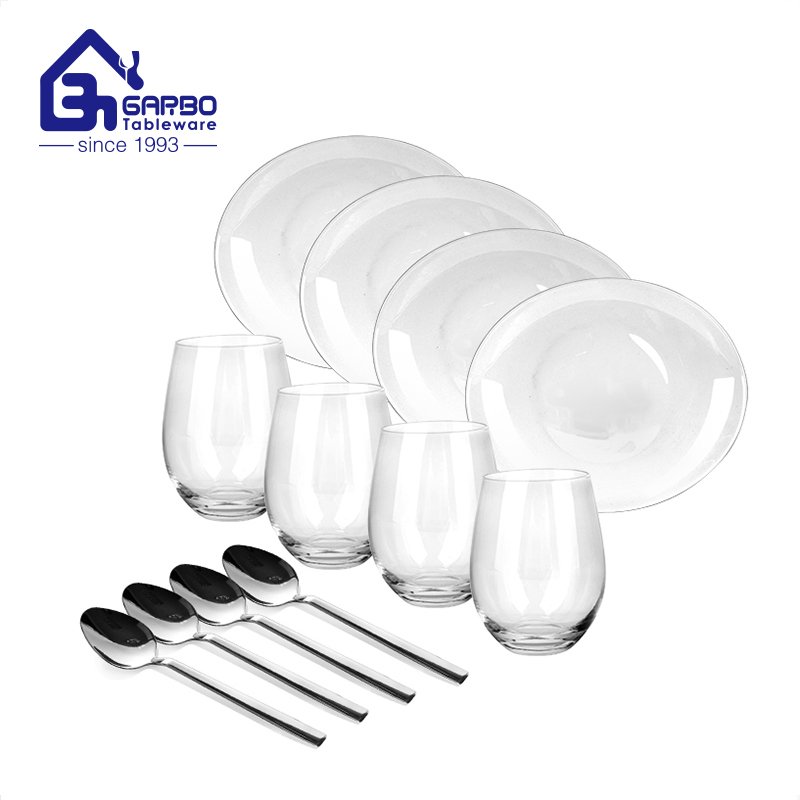 Garbo Machine Pressed 12pcs opal glass dinner plate set with water cup and spoon