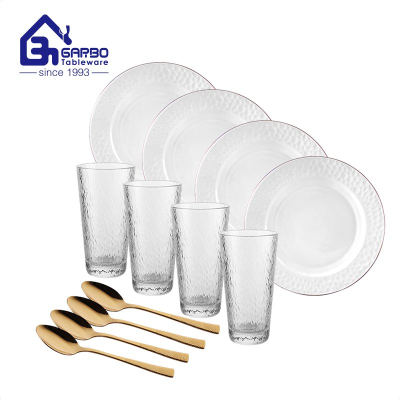 Heat resistant white leaf design dinner set with goblet with gold rim