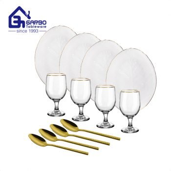 Heat resistant white leaf design dinner set with goblet with gold rim