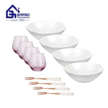 Promotion pink salad dinner set 12pcs with shell bowl tumbler and dessert fork