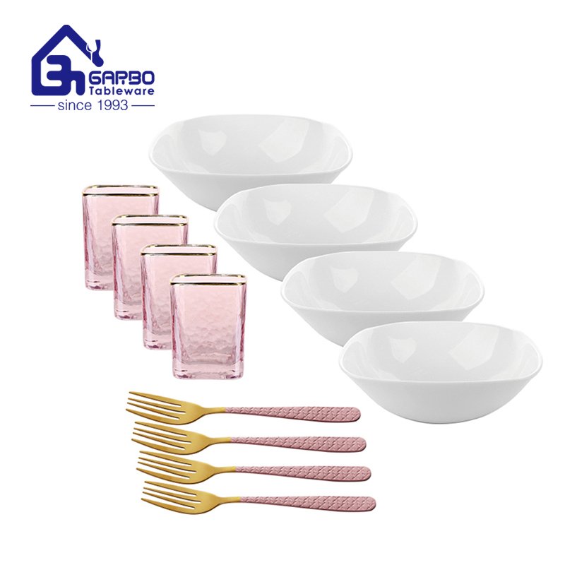 Garbo oval shape dinner set plain 12pcs combined white opal glass with spoon set