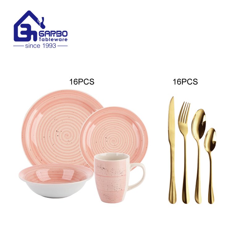 Full round decal print classic ceramic kitchenware set stainless steel cutlery and glass drinking tumbler sets