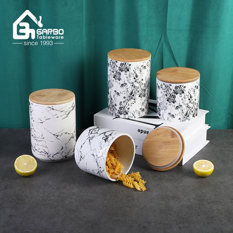 Big volume print ceramic food jar porcelain storage jars kitchenware with bamboo cover silicone kitchen tool set